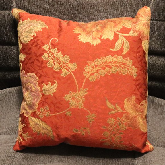 Floral Design Pillow Red, Gold, Green, Pink Fabric Colors 9 3/4" x 9 3/4" x 4" - Picture 3 of 4